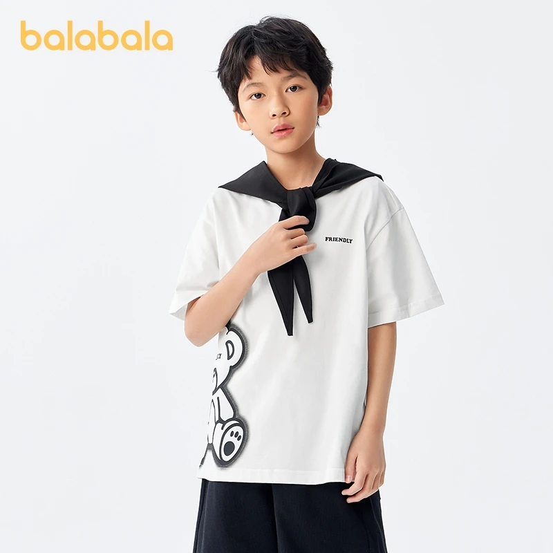 Balabala เสื้อผ้าเด็กเสื้อยืดเสื้อแขนสั้นเด็กชุดเสื้อผ้าเด็กหญิงเด็กชายแม่-เด็กเข้ากัน2024ฤดูร้อนใหม่คอตตอนชั้นล่าง