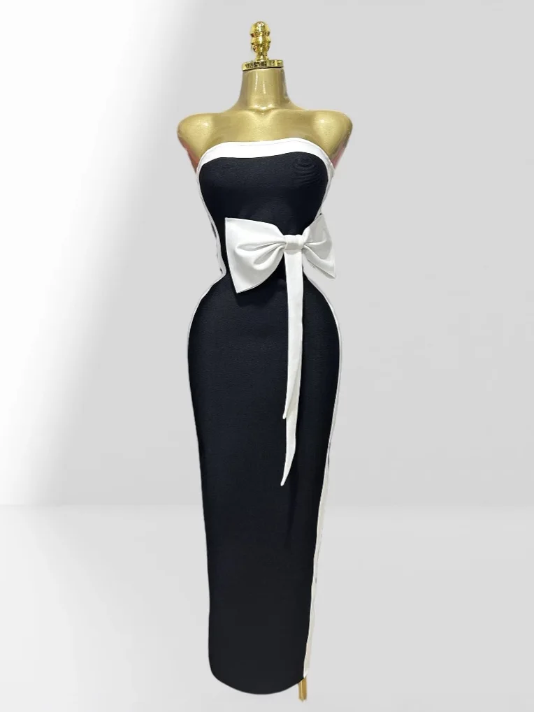 Robe fourreau noire sans manches avec nœud gracieux, sans bretelles, à bandes, longueur cheville, tenue de soirée, de célébrité, de Cocktail, 2025
