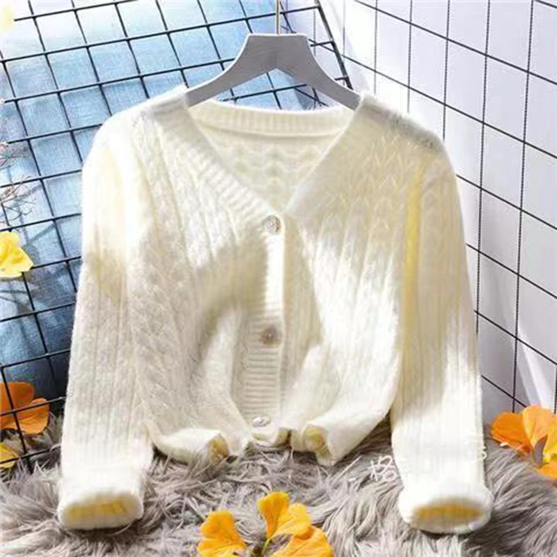 Women's Knitted Short Cardigan Sweet 2026 Autumn Winter Solid Cropped Tops V-neck Single Button Long Sleeve Korean Style Sweater
