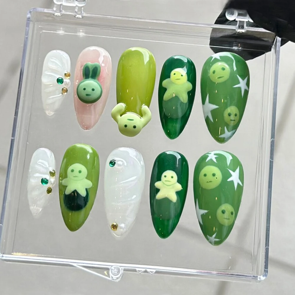 10Pcs Press On Nails 2024 New Nials Ballet Style Handmade Green & White 3D Medium Almond Fake Nails Design Art DIY Nails