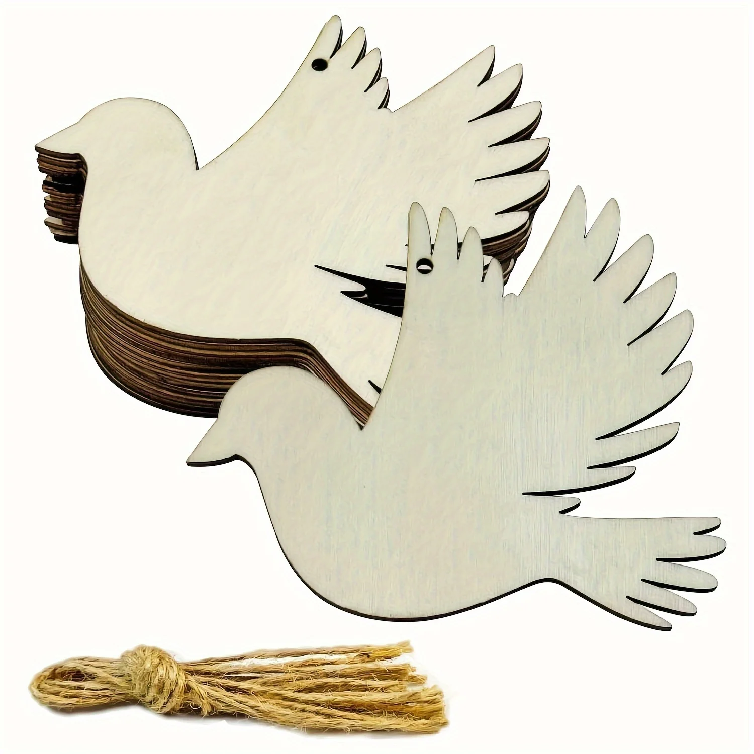 

20pcs Bird Wood DIY Crafts Cutouts Wooden Peace Dove Bird Shaped Hanging Ornaments with Hole Hemp Ropes Gift Tags