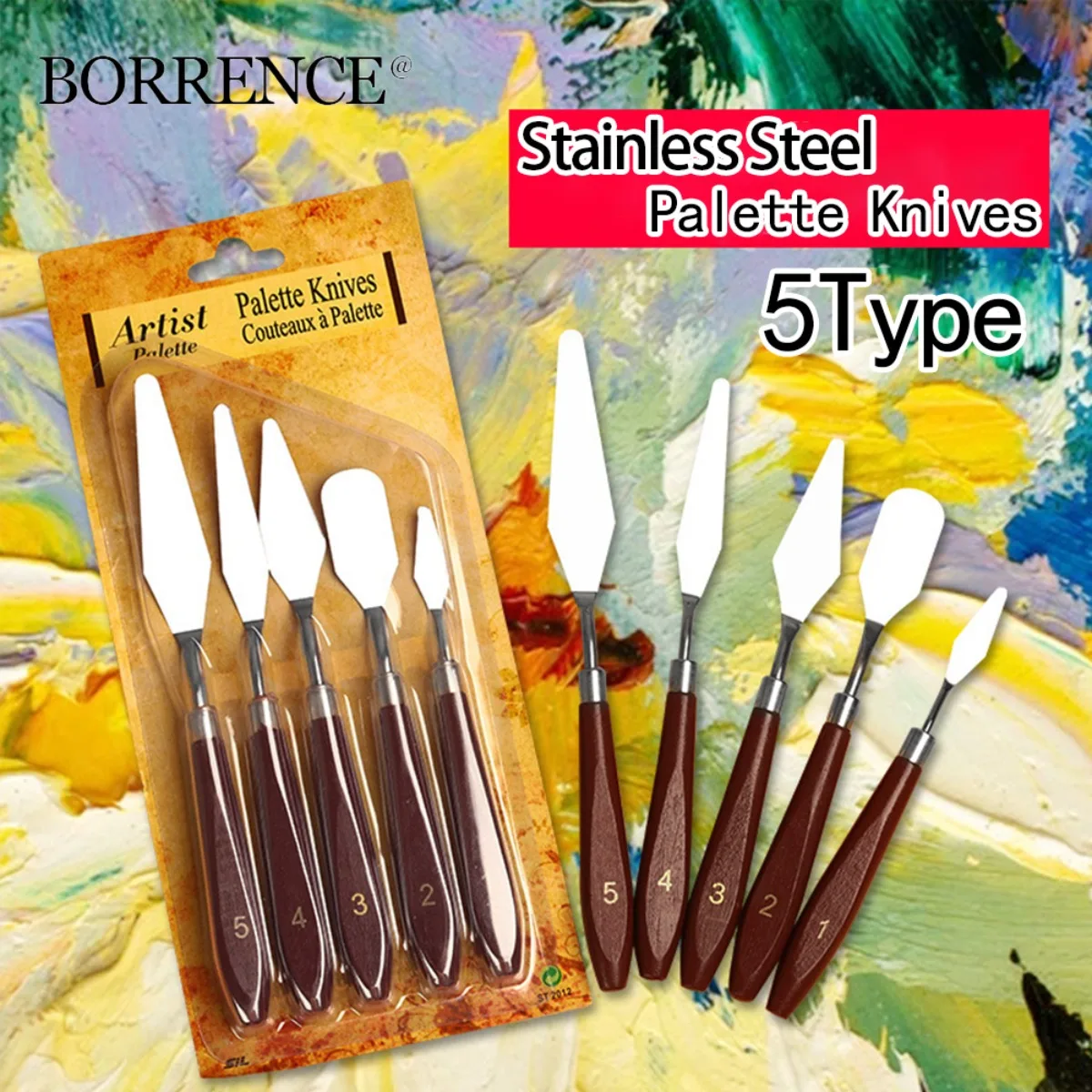 5Pcs Stainless Steel Palette Knife Set,Oil Painting Art Wooden Handle,Liquid Paint Drawing Tools Art Stationery Supplies