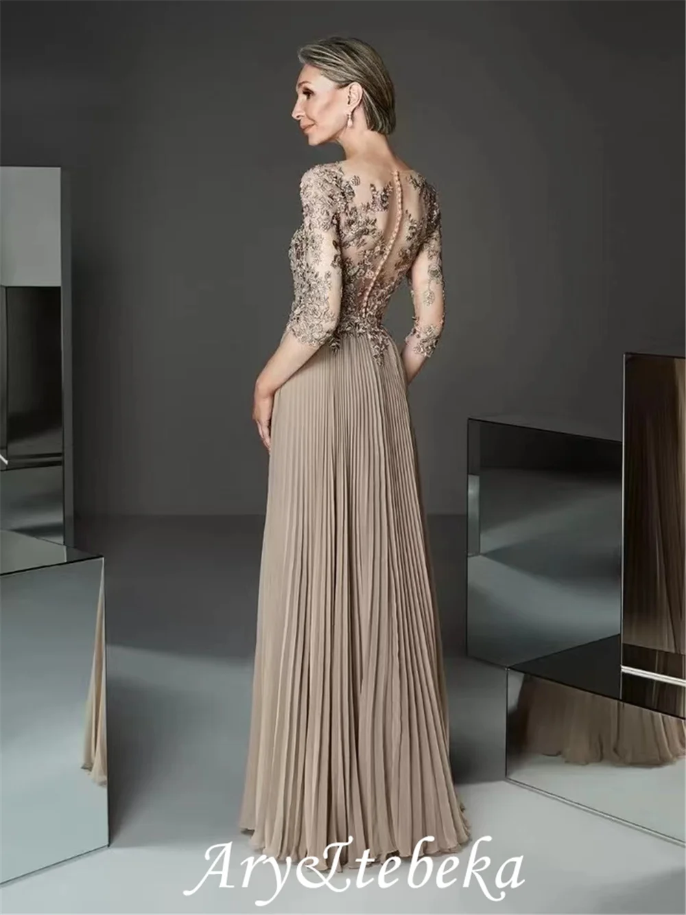 Elegante Champagne Moeder Van Bridal Jurken Kant Applicaties Half Sleeve Lange Bruiloft Gast Jurk Femme Robe De Soiree