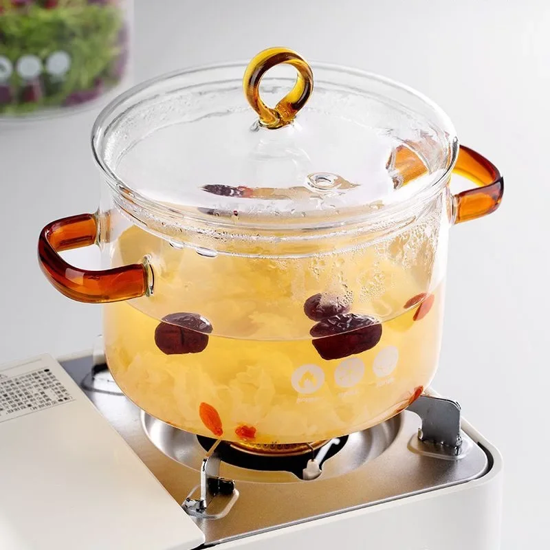 Transparent Soup Pot Heat Resistant Microwave Fire Heating Dual Handles Nonstick Glass Saucepan With Cover Kitchen Cooking Tools