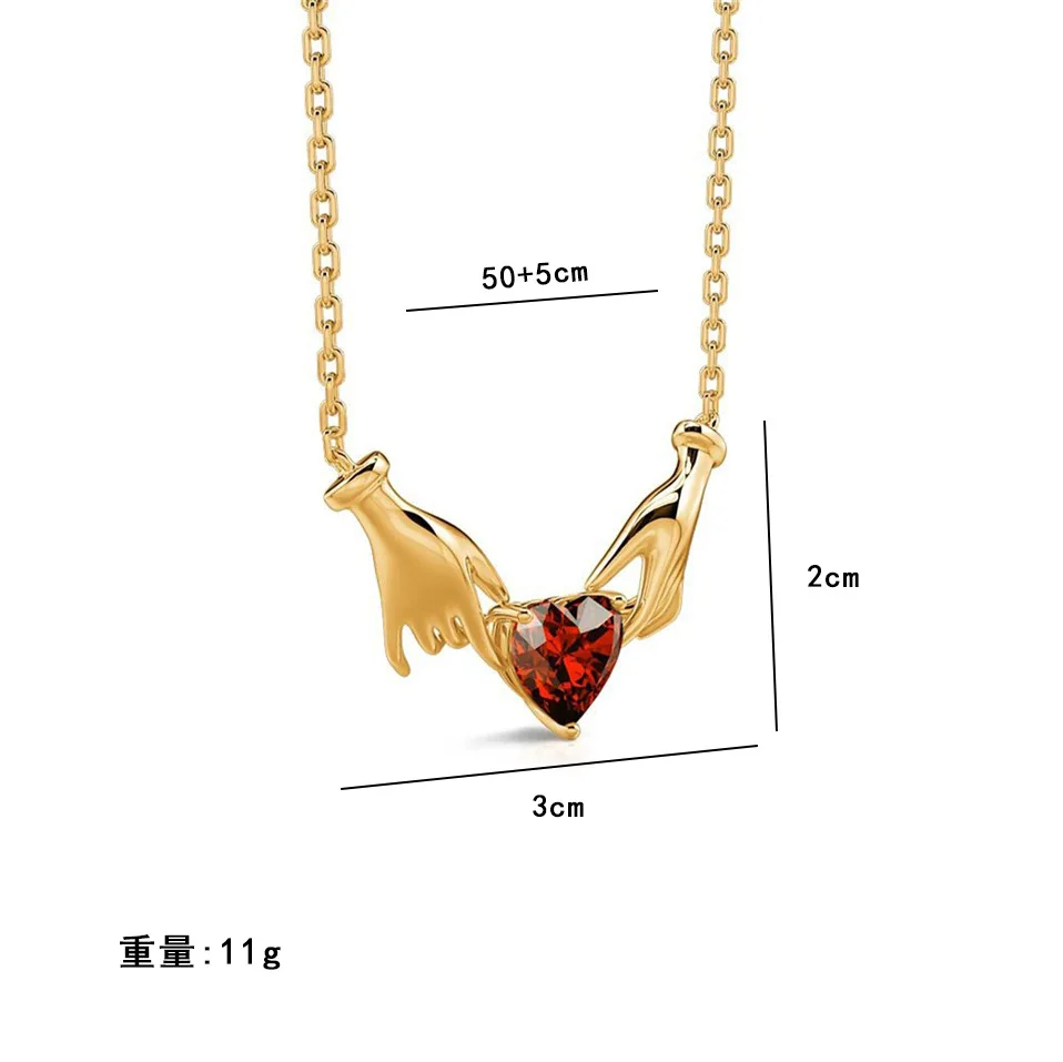 Creative New Hands Red Rhinestone Love Heart Charms Pendant Necklace Jewelry Trendy Alloy Zirconia Choker Necklaces Party Gift