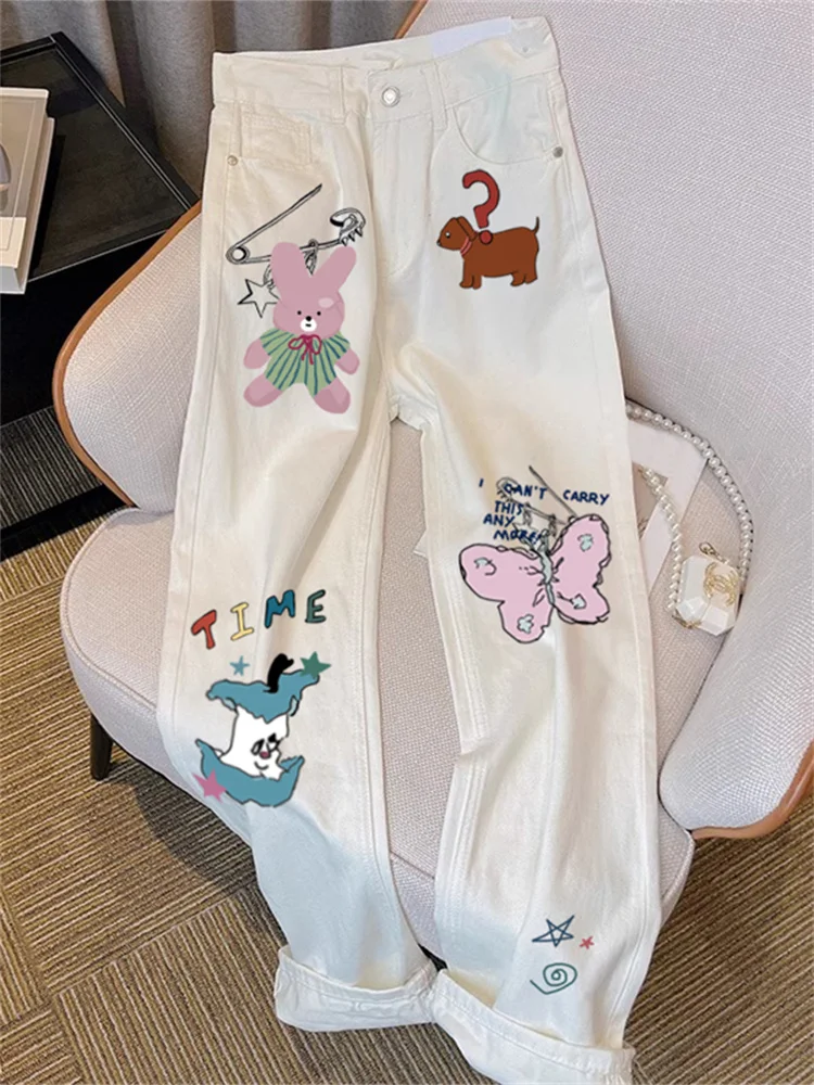 

Джинсы с принтом в стиле ретро, мужские и женские летние повседневные широкие брюки в стиле хип-хоп, джинсовая ткань, длинные брюки с талией