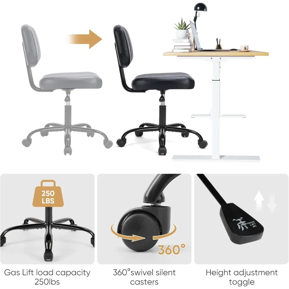 كرسي مكتب صغير بدون ذراع مع دعم قطني، كرسي مهام دوار من جلد البولي يوريثان قابل للتعديل للمساحات الصغيرة والأطفال والكبار #6