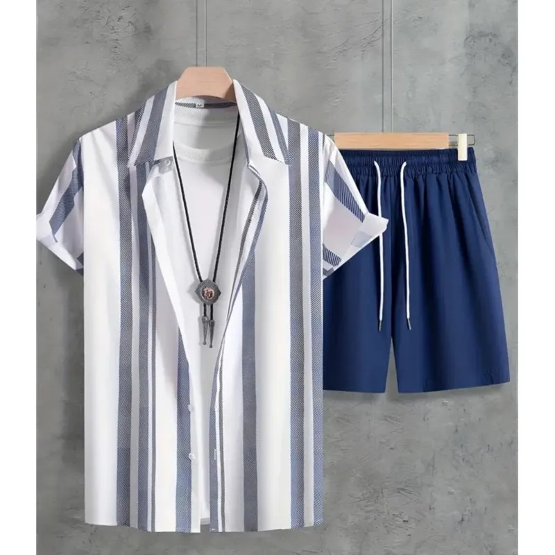 

Men's Fashion Hawaiian Suit Fashion Beach Casual Striped Short-Sleeved Shirt Shorts 2-Piece Boutique Party Style Shirt Suit
