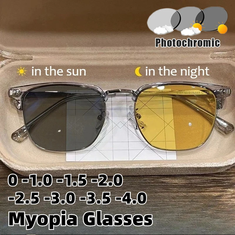 

Semi-Frame Photochromic Myopia Glasses Day-Night Dual-Use Unisex Driving-Specific UV Protection Anti-Glare Night Vision Eyewear