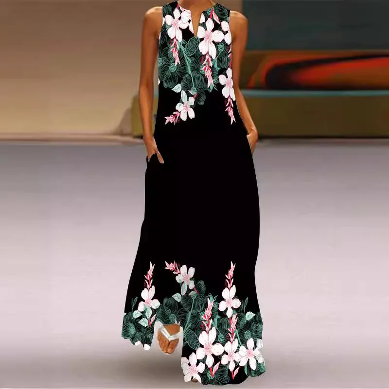 2024 Summer New Retro Printed Long Skirt V-neck Multi Color Long Style Sexy Sleeveless Dress Women's Loose Tank Top Robe Dress