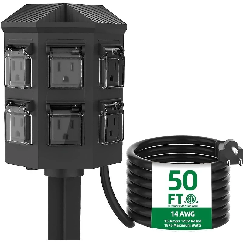 Outdoor Power Strip Weatherproof, 50 FT Extension Cord with Power Stake, 6 Grounded Outlets for Outdoor Lights