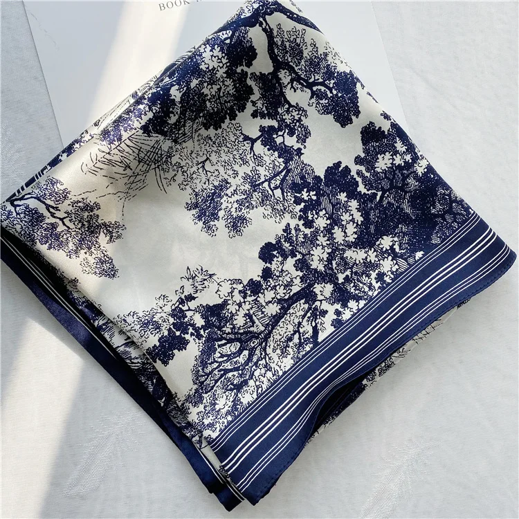 OMEA 100% Real Silk Satin 14mm Large Square Scarf 90cm Navy Blue Jungle Luxury Accessories Hijab Handroll Headband Free Shipping