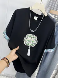 Koszulka damska z kwiatowym okrągłym haftem i frędzlami Plus Size Chinese Elegant Flavor Top 2024 New Art Aesthetics Knot Tee Y2k