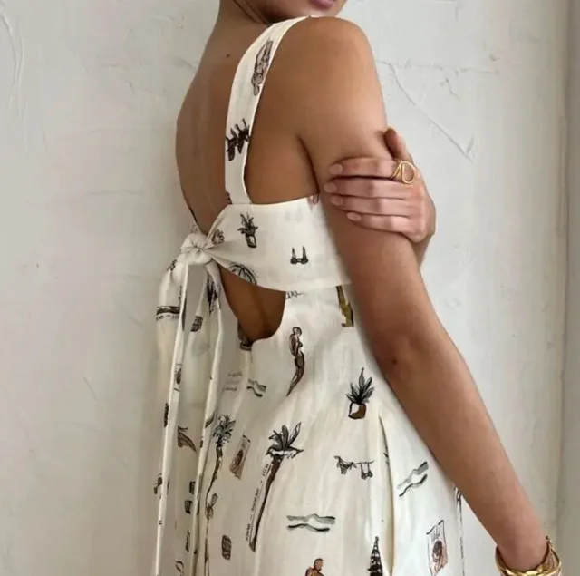 민소매 레이스 업 여성을위한 섹시한 인쇄 스윙 드레스 여름 착용 새로운 패션 여성의 흰색 높은 허리 휴가 a 라인 드레스