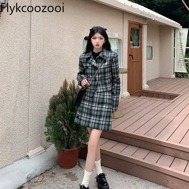 Preppy Suit Spring and Autumn Style Retro Niche Age-reducing Plaid Winter Skirt Two-piece Set Conjuntos Feminino Elegante