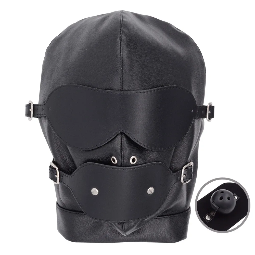 PU leather mouth stuffed ball slave restraint hood mask fun training torture tools mouth stuffed adult game supplies sex toys