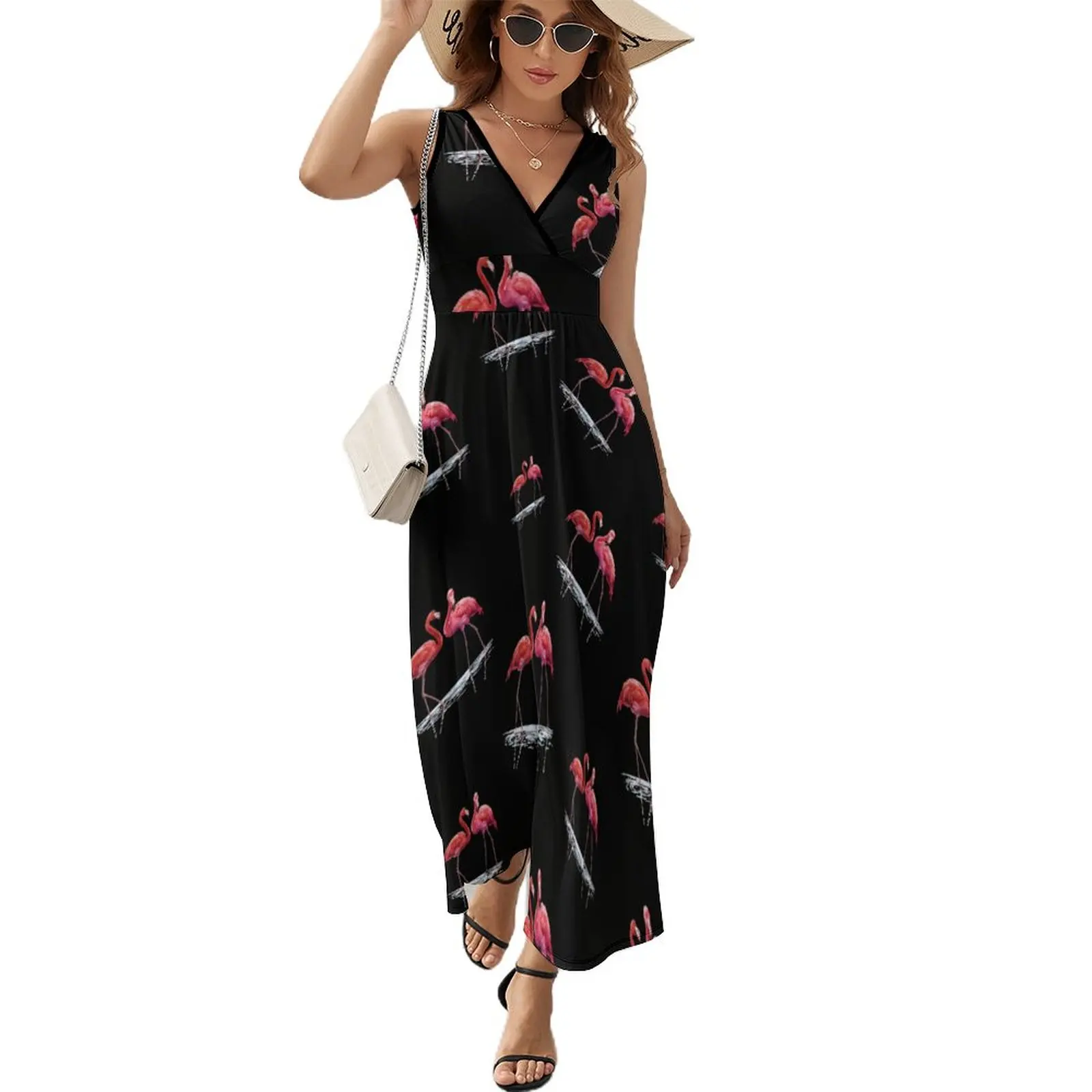 

Flamingo Water Dress Cute Maxi Dress V Neck Design Boho Beach Long Dresses Streetwear Big Size Vestidos