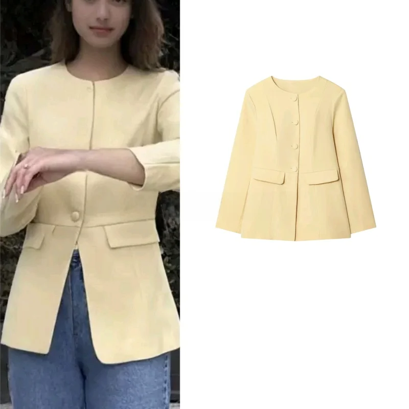 

Fall New Arrival Women's mat Sle Single Row Button round Ne Long Sve Padded ket Slim Fit Suit Jaet