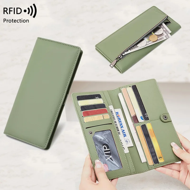 

RFID Long Women Wallet PU Solid Colour Thin Fold Credit Card Holder Coin Purse Zip Buckle Money Clip Lightweight Wallets for Men