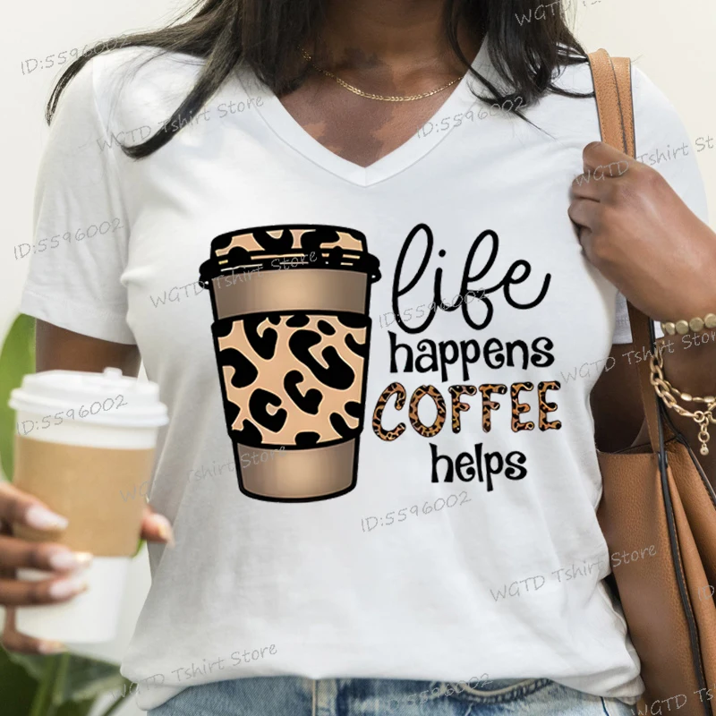 Coffee Leopard Print Fashion Casual Tops Life Happens Coffee Helps Womens Clothing Coffee Lover Gift T-shirt Summer Tees Clothes