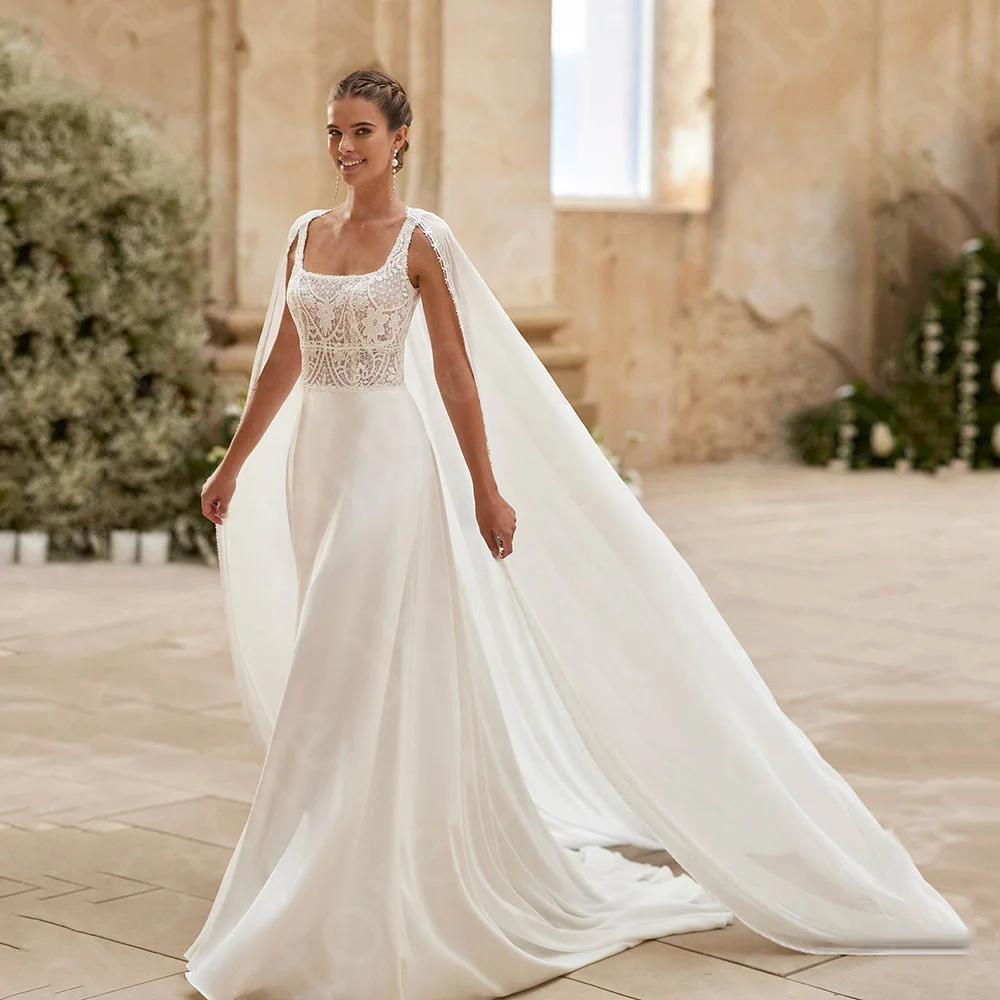 Customized Classic Wedding Dresses 2025 White Bridal Gowns Lace with Cape Bride Dresses Square Neck Wedding Gowns Back Out