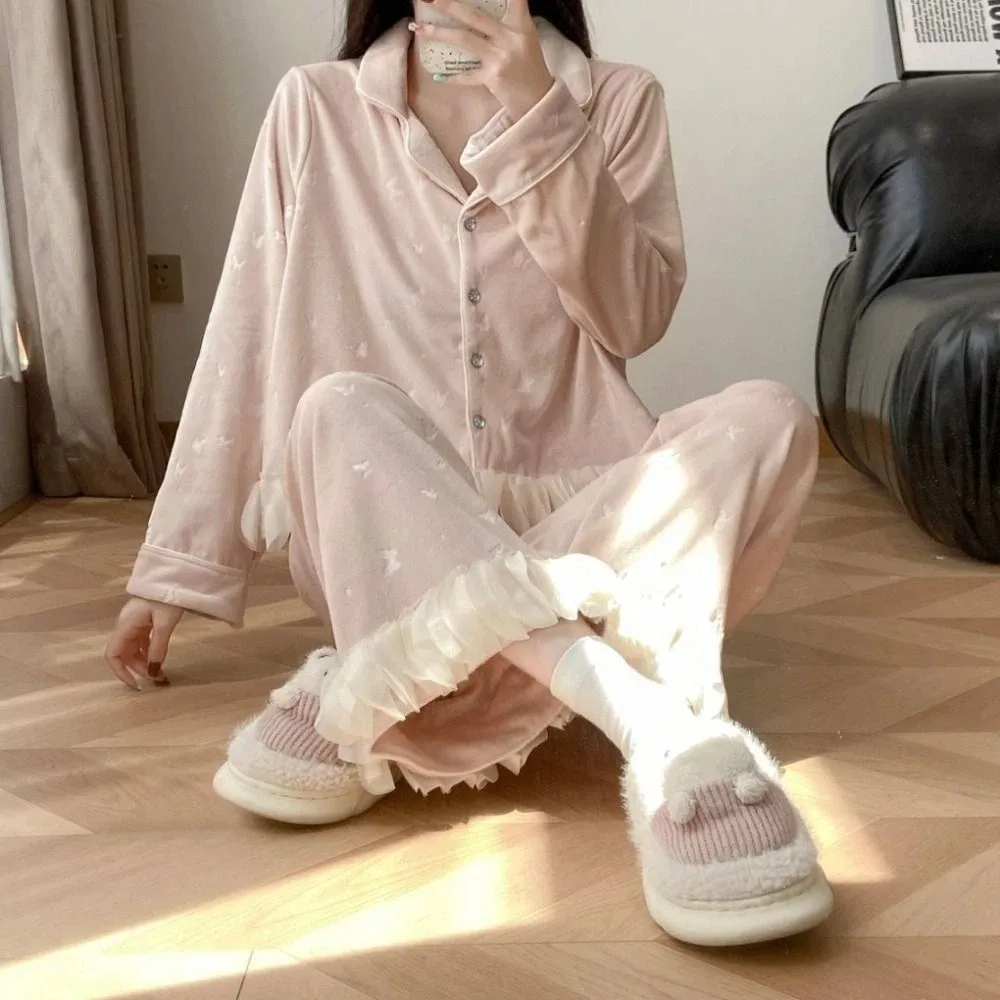

Fashion Long Sleeve Plush Bow Pajamas Set Sweet Winter Velvet Pajamas Suit Casual Home Wear Warm Thicken Sleepwear Autumn Winter