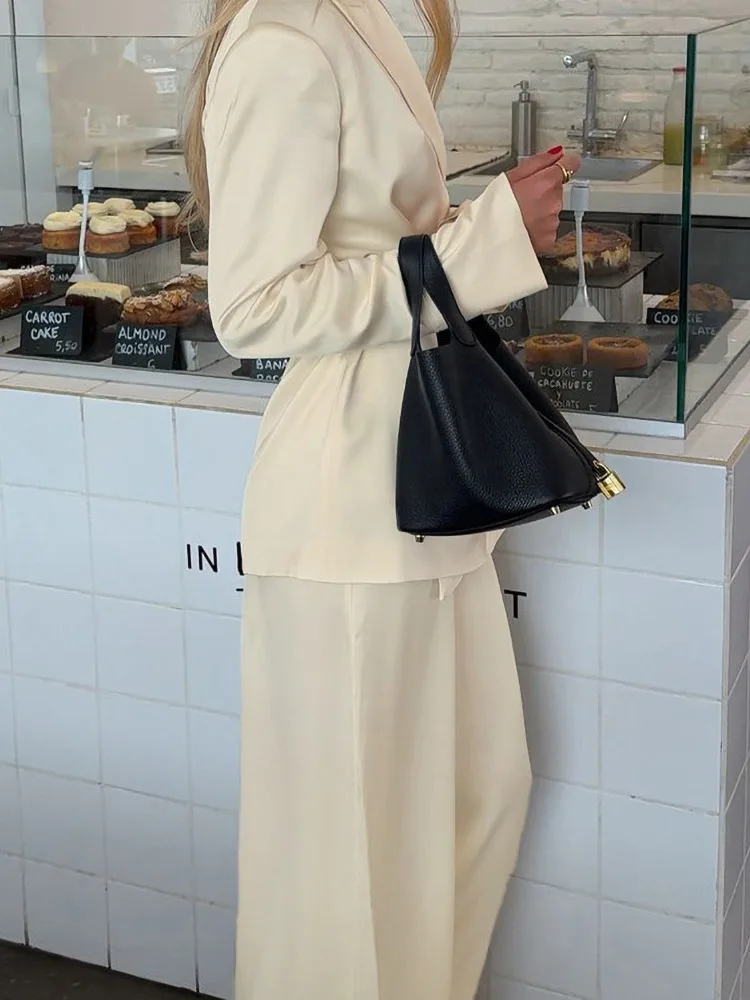 Absobe Satin Commuting Loose Pants Two-Piece Set For Women V-Neck Long Sleeve Belt Tie Top Wide Leg Trousers Elegant Chic Outfit
