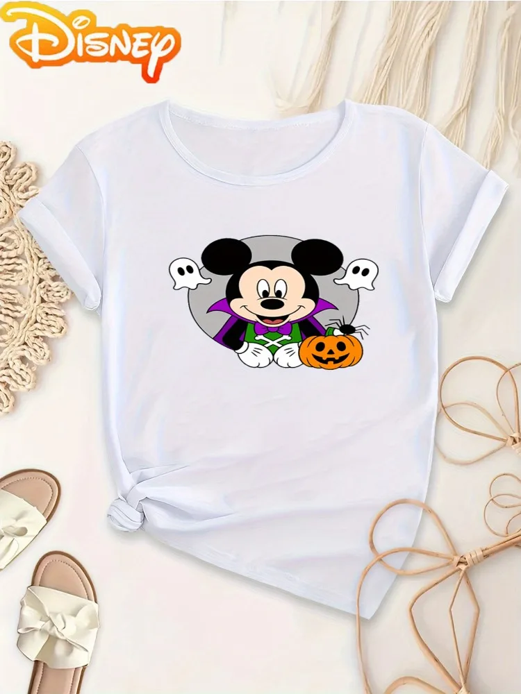 

Mickey Fashion Casual Christmas Women's Short-Sleeve Cotton Crew Neck T-Shirt Spider Pumpkin Design Streetwear Plus Size