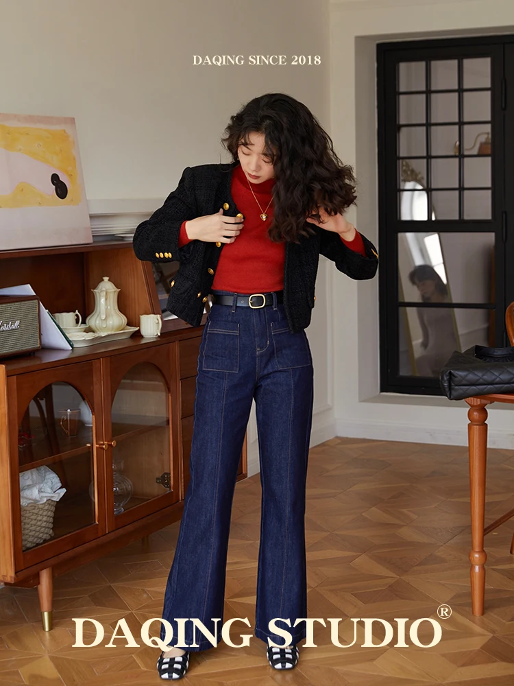 

Широкие джинсы с высокой талией на подкладке, женские осенне-зимние утягивающие расклешенные брюки, длинные брюки прямого кроя от Xudaqing