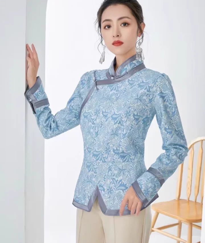 Veste Jacquard brodée chinoise et mongole pour femme, col montant, style court