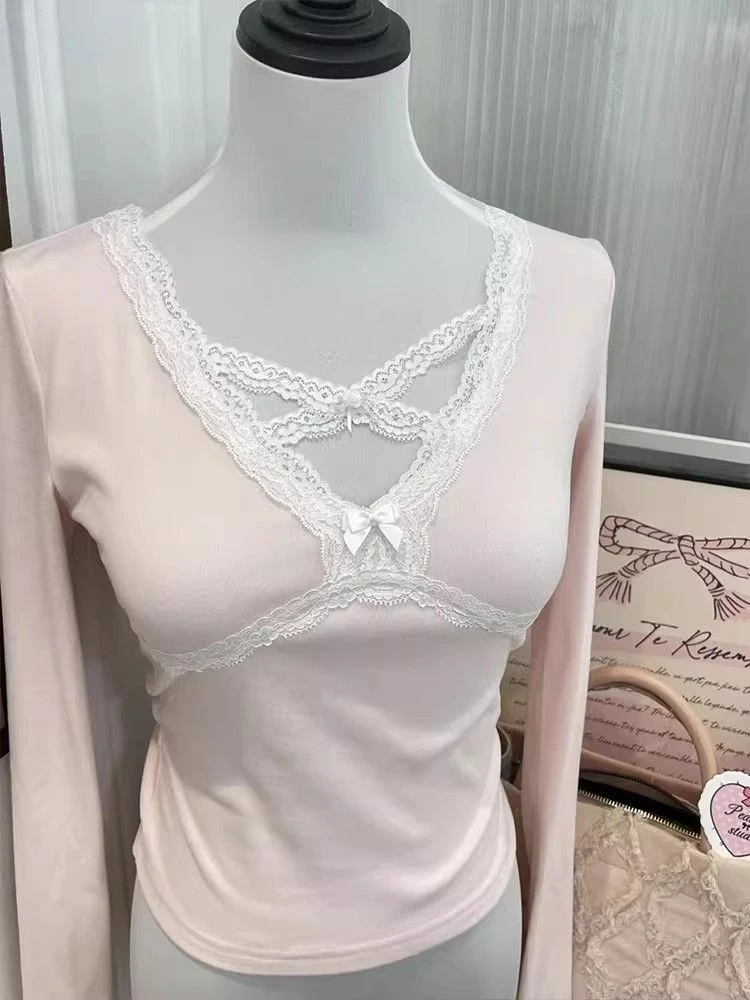 Pink Lace Bow V-neck T-shirt 6