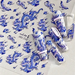 Retro Embroidered Dragon Red Pink Blue White Porcelain Chinese 3D Embossed Relief Self Adhesive Nail Art Stickers Manicure Decal