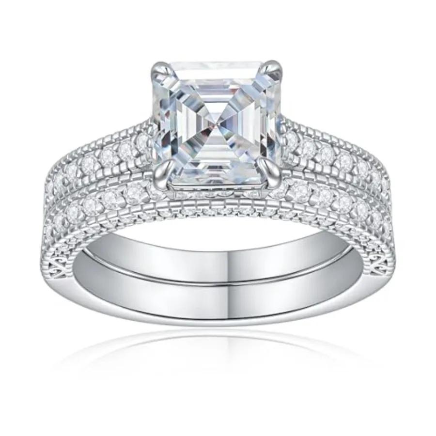 

2.5CT Mossanite Wedding Ring Set for Women, Asscher Cut Engagement Ring Bridal Sets, D Color VVS1, White Gold Plated, Anniversa