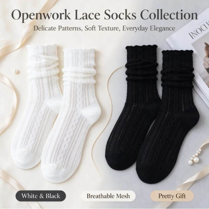 Women Mid-tube Socks, Japanese Hemp Pattern Elastic Wooden Ear Edge, Breathable Hollow Mesh, Christmas Stocking Stuffers