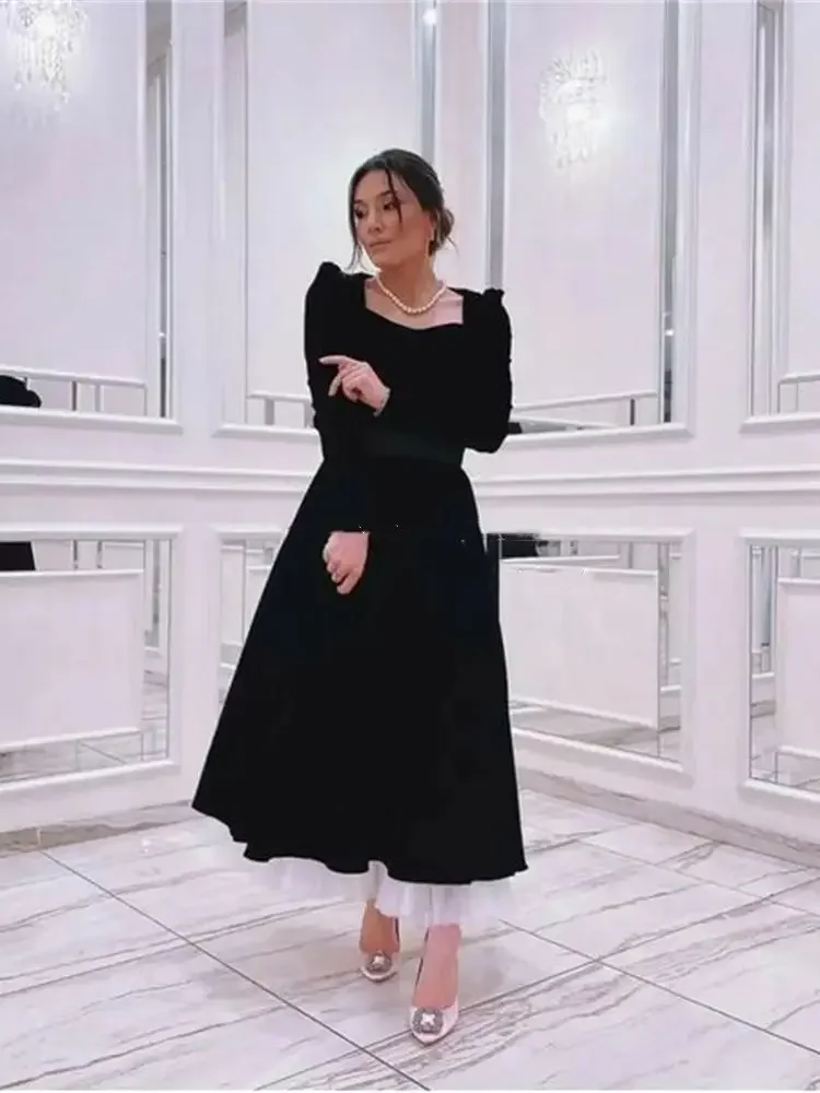 

Customized Black Velour Evening Dresses Square Collar Long Sleeves A Line Formal Prom Grown Tea-Length Party Dress Plus Size