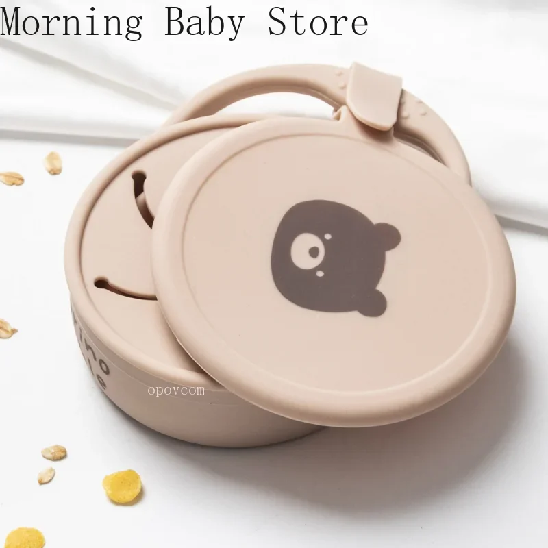 Cartoon Little Rabbit Printing Snack Bowl with Lid Foldable Anti-spray Baby Silicone Snack Cup Portable Baby Food Supplement Box