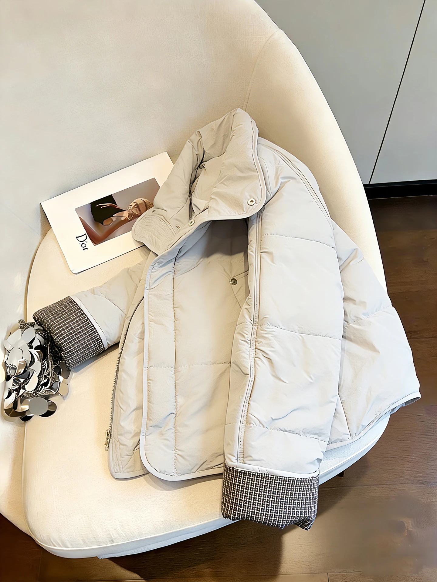 

Корейский дизайн, клетчатый воротник-стойка, хлопковый тюре, женский осенне-зимний простой ленивый универсальный легкий хлопковый...