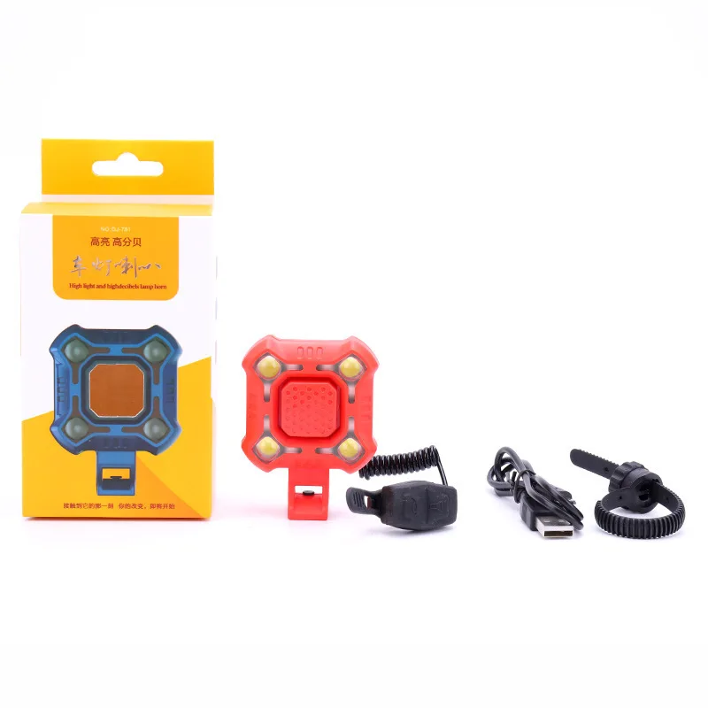 Conjunto de aviso à prova de chuva para passeio noturno de bicicleta LED, acessórios de equitação Luzes de mountain bike Carregamento USB, luzes de buzina, bicicleta de estrada