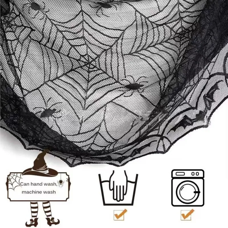 

Black Lace Polyester Tablecloth for Halloween, Featuring Bats and Spider Web Designs for Halloween Party Decor