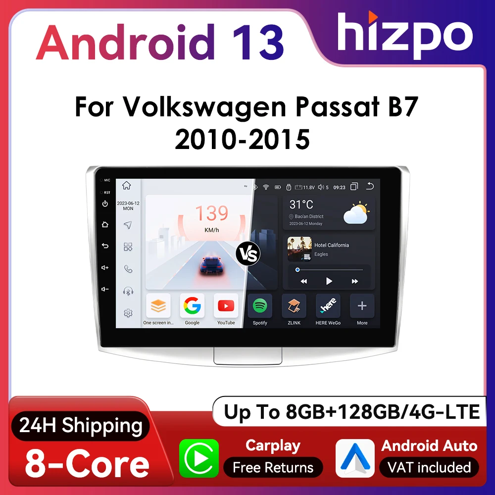 Hizpo 10.1 inch Android Car Radio for Volkswagen VW Passat B6 B7 2010 - 2015 4G CarPlay RDS DSP BT GPS Navi UI7862 Headunit