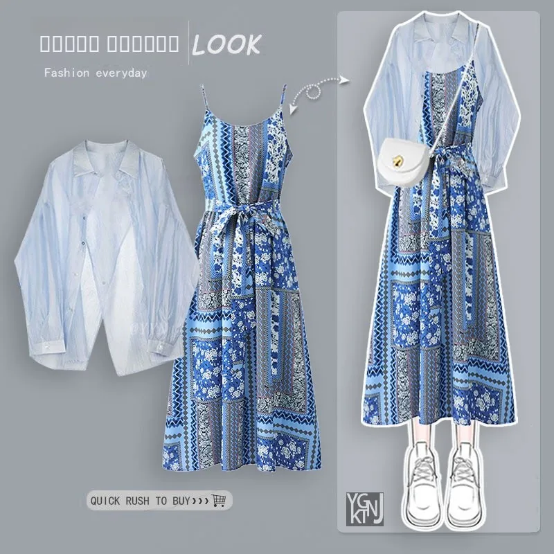 

Beach Vacation Style Floral Print Halter Dress Women's Color Thin Sun Protection Shirt Two-Piece Set Summer Fashion