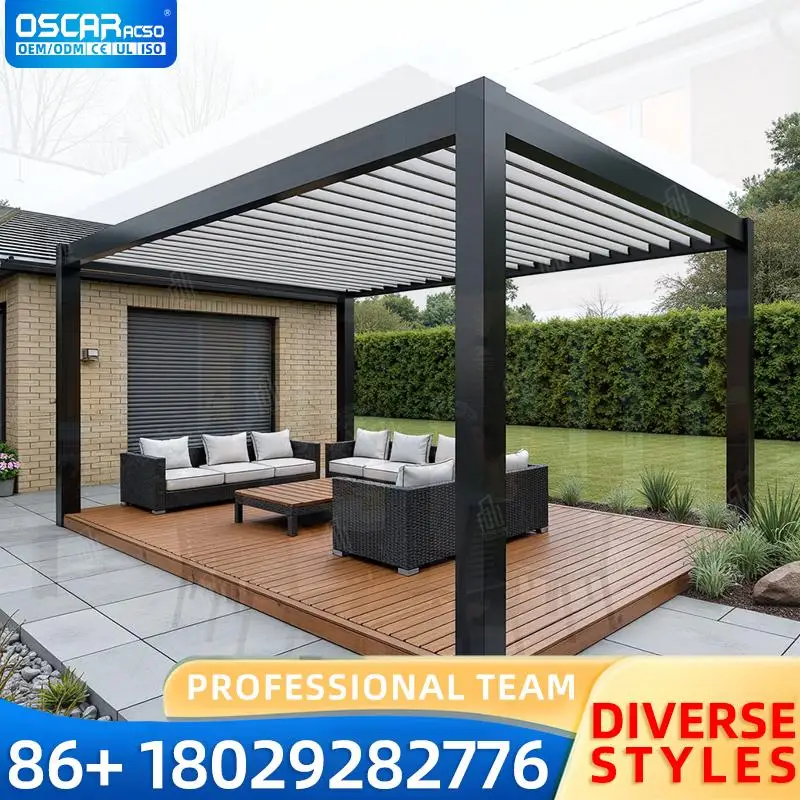 

Intelligent Modular Waterproof Louvered Electric Shade Outdoor Pavilion with Bioclimatic Design Durable Wood Alloy for Gardens P