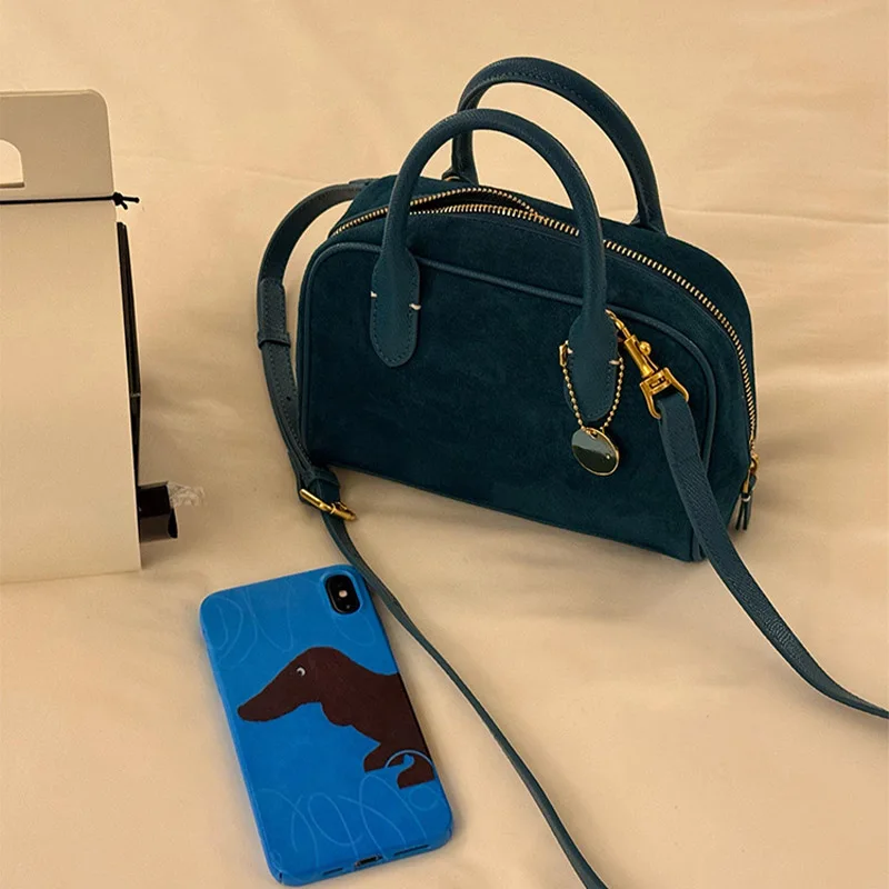 New Women's Fashion Suede Bowling Tote Bag 2025 Trend Small Luxury High-end Boston Chest Soft Handle Solid Color One-Shoulder Ba