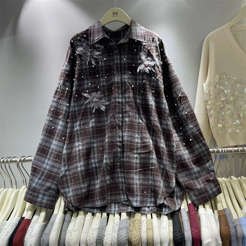 SuperAen European and American-style Beaded Three-dimensional Flower Pattern Tops for Women Autumn Mid-length Loose Shirts