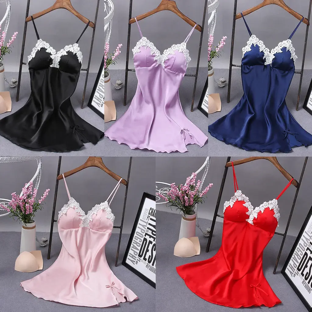 Hot Summer Women Silk Robe Dress Babydoll Nightdress Solid V-neck Sexy Lingerie Nightgown Sleepwear