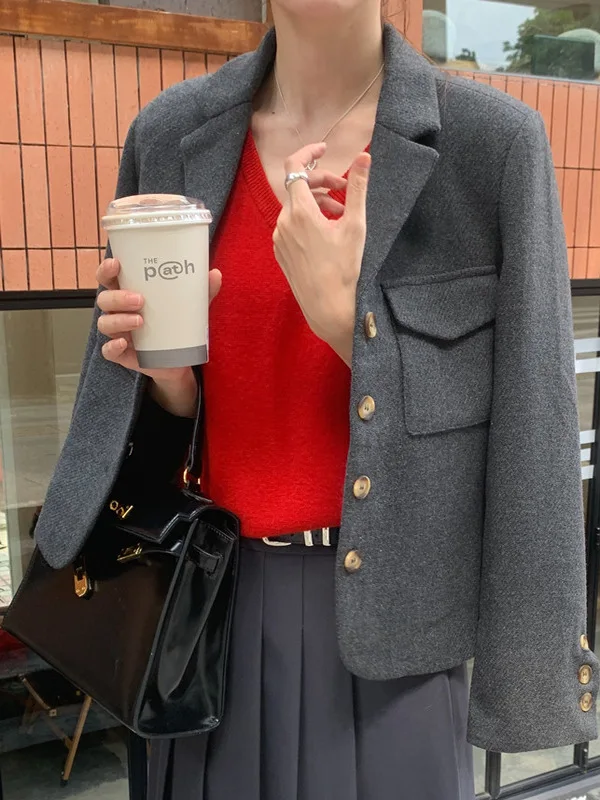 

Retro Chic Women's Woolen Suit Jaet Long Sve Single Button Korean Sle Commute Coat Gentle Vintage Small Size Friendly