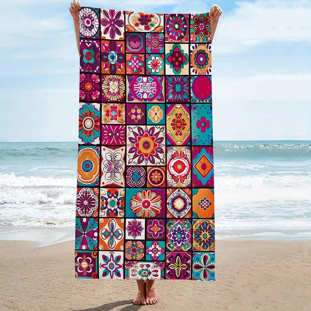 Bohemian Floral Tile Beach Towel Patterned Sunscreen And Windproof Suitable For Swimming Pool Camping Travel Blanket