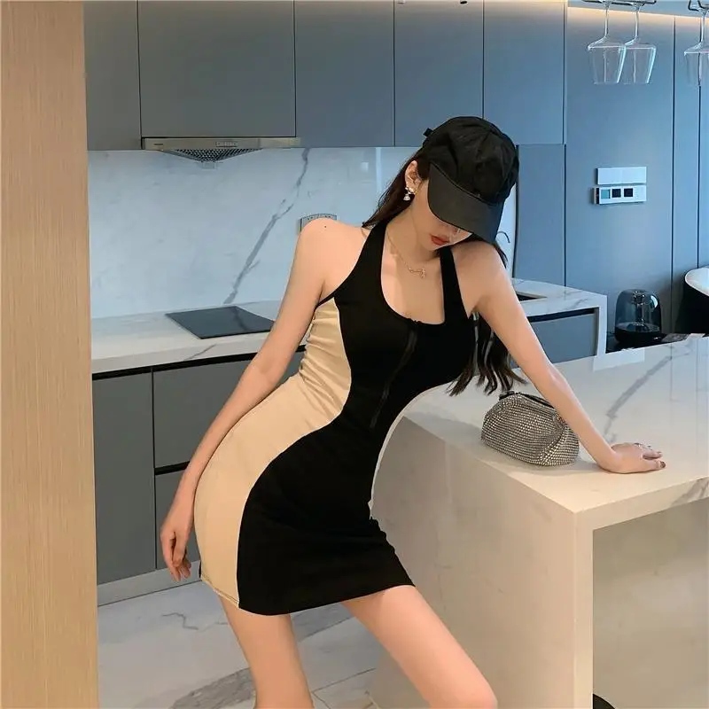 موضة جديدة لربيع وصيف امرأة منخفضة القطع الخامس الرقبة المتناقضة اللون فستان الرسن مثير فتاة سليم التفاف الورك تنورة صغيرة فتاة حفلة هدية #5