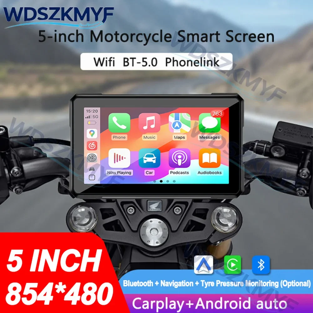 

5 inch Motorcycle Navigation Wireless CarPlay Android Auto Dual Bluetooth IPX7 Waterproof Display Moto Monitor Support TPMS