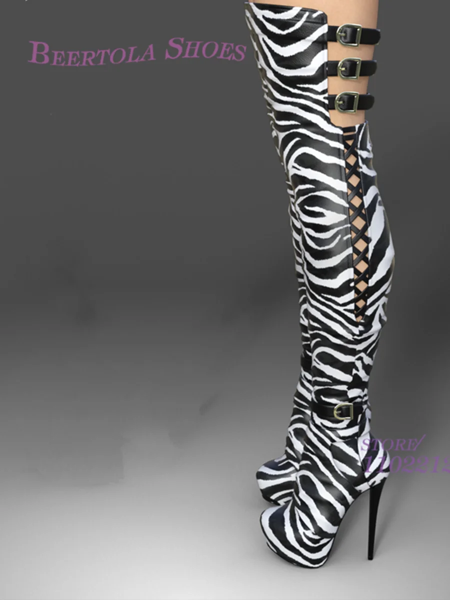 Zebra Striped Knee Tight Boots Platform Women Black White Belt Buckle Thigh Wrap Stiletto Heel Booties Spring Leather Pole Shoes